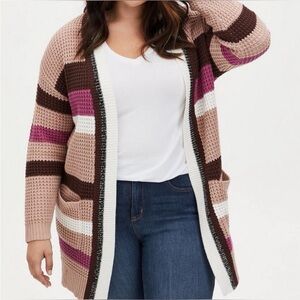 Torrid Striped Open Front Pocketed Cardigan Sweater color-blocked Size 00 M/L